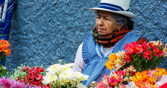 Woman selling flowers at flower market in Cuenca, Ecuador